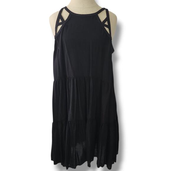 $139 Seafolly Anthropologie Black Cage Neck Cover Up Mini Dress Swimwear Size L - Picture 1 of 11